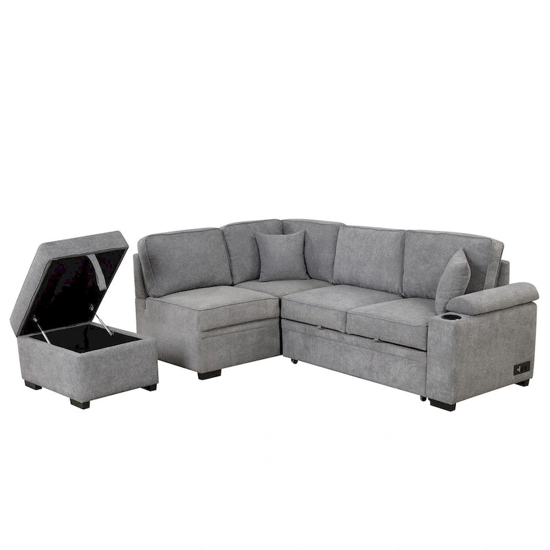84.75 L-Shaped 5 Seater Sectional Sofa with Storage Ottoman, 2-in-1 Pull-Out Couch for Living Room