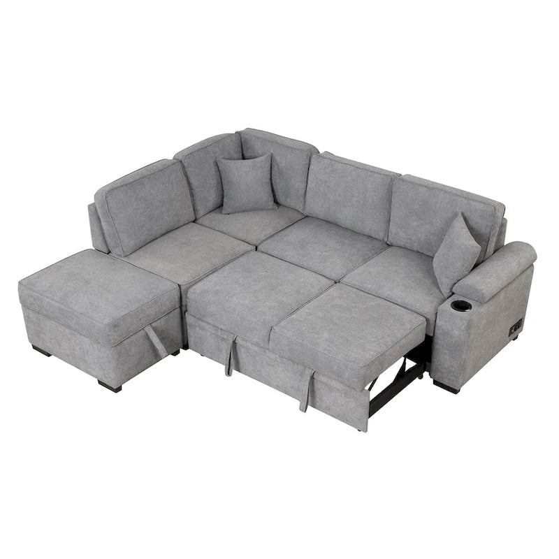 84.75 L-Shaped 5 Seater Sectional Sofa with Storage Ottoman, 2-in-1 Pull-Out Couch for Living Room