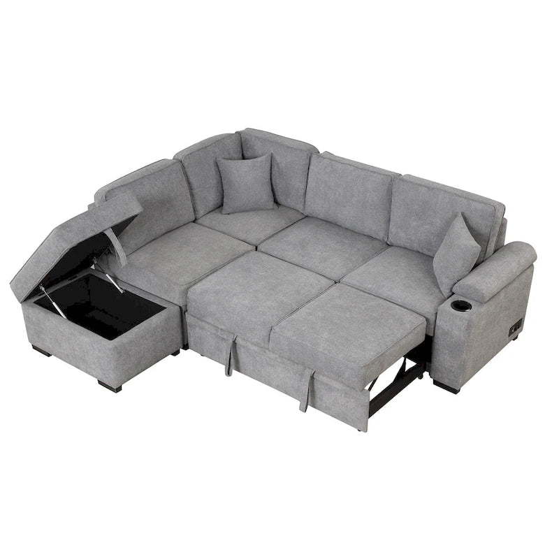 84.75 L-Shaped 5 Seater Sectional Sofa with Storage Ottoman, 2-in-1 Pull-Out Couch for Living Room