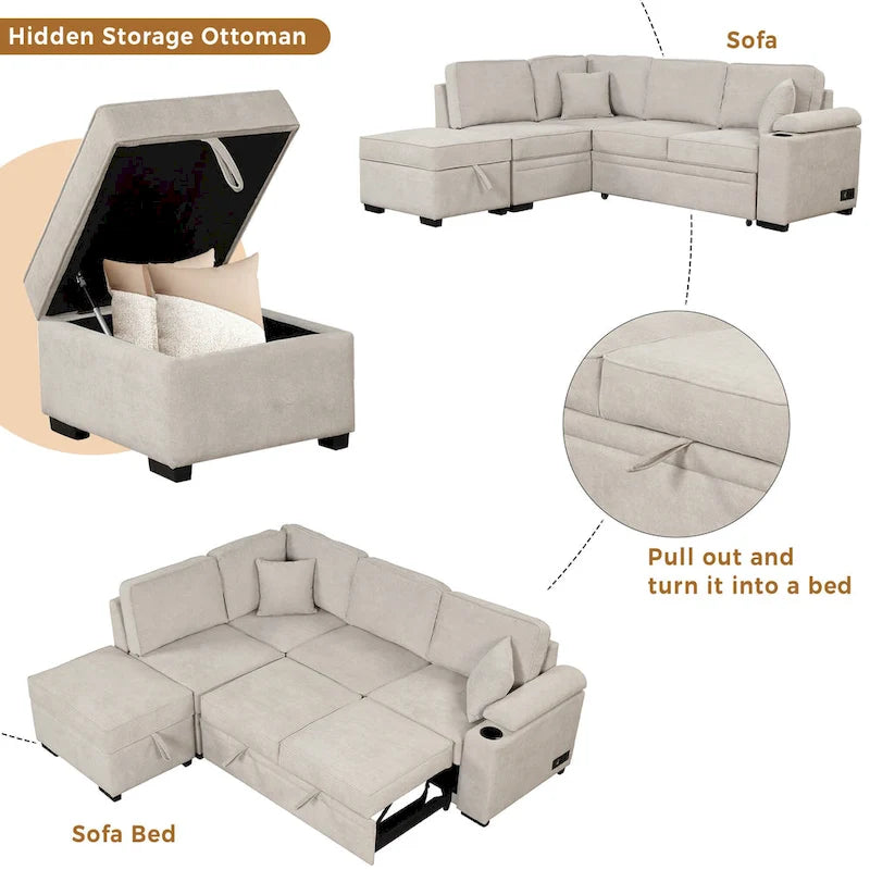 84.75 L-Shaped 5 Seater Sectional Sofa with Storage Ottoman, 2-in-1 Pull-Out Couch for Living Room