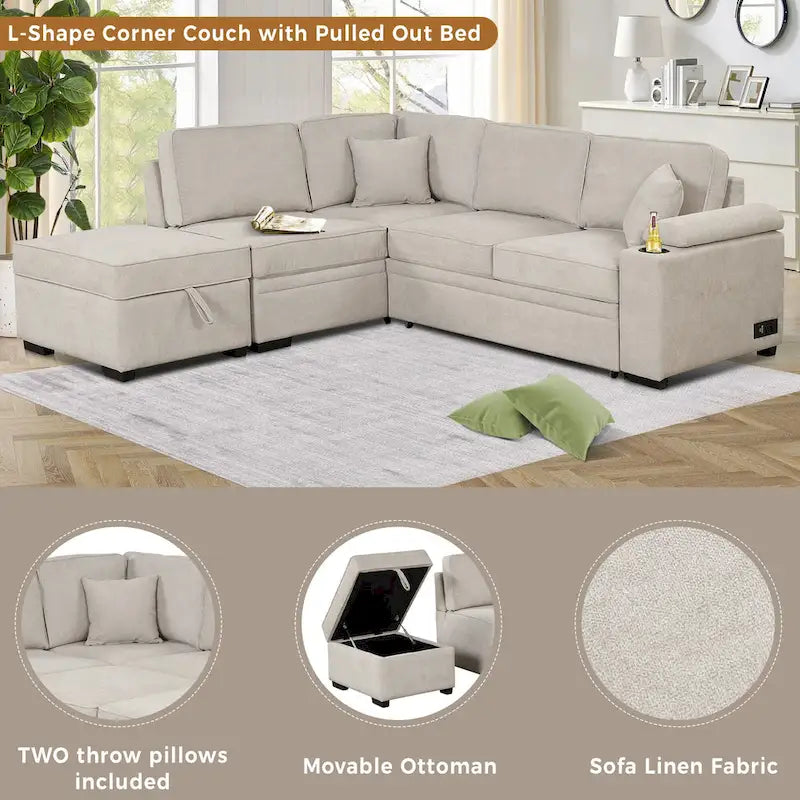 84.75 L-Shaped 5 Seater Sectional Sofa with Storage Ottoman, 2-in-1 Pull-Out Couch for Living Room
