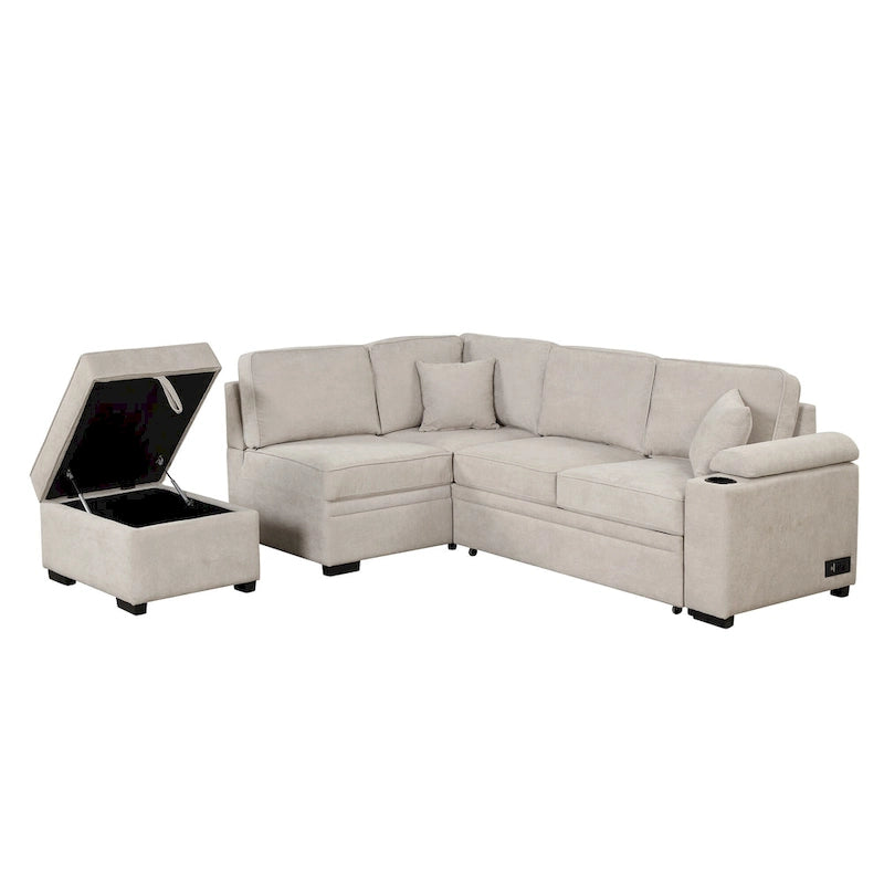 84.75 L-Shaped 5 Seater Sectional Sofa with Storage Ottoman, 2-in-1 Pull-Out Couch for Living Room