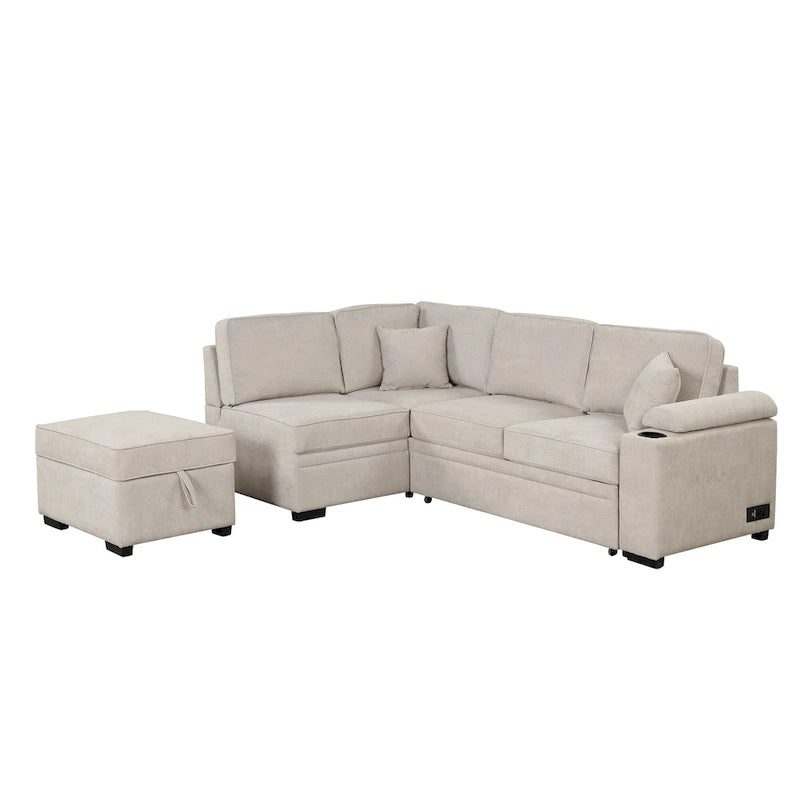 84.75 L-Shaped 5 Seater Sectional Sofa with Storage Ottoman, 2-in-1 Pull-Out Couch for Living Room