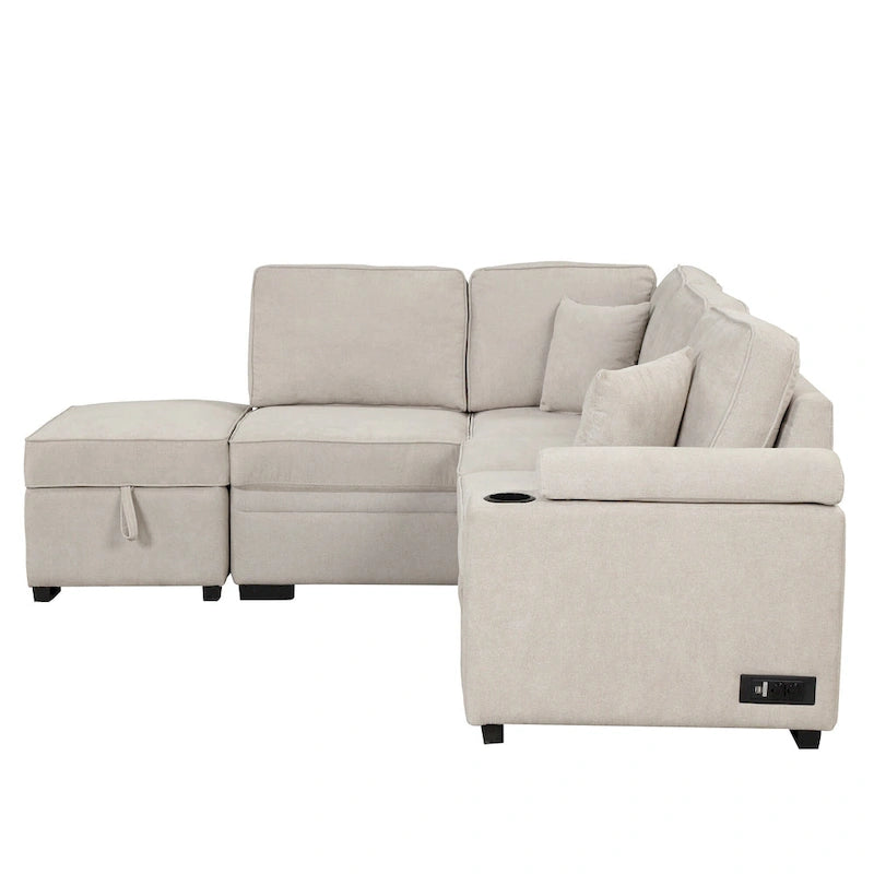 84.75 L-Shaped 5 Seater Sectional Sofa with Storage Ottoman, 2-in-1 Pull-Out Couch for Living Room