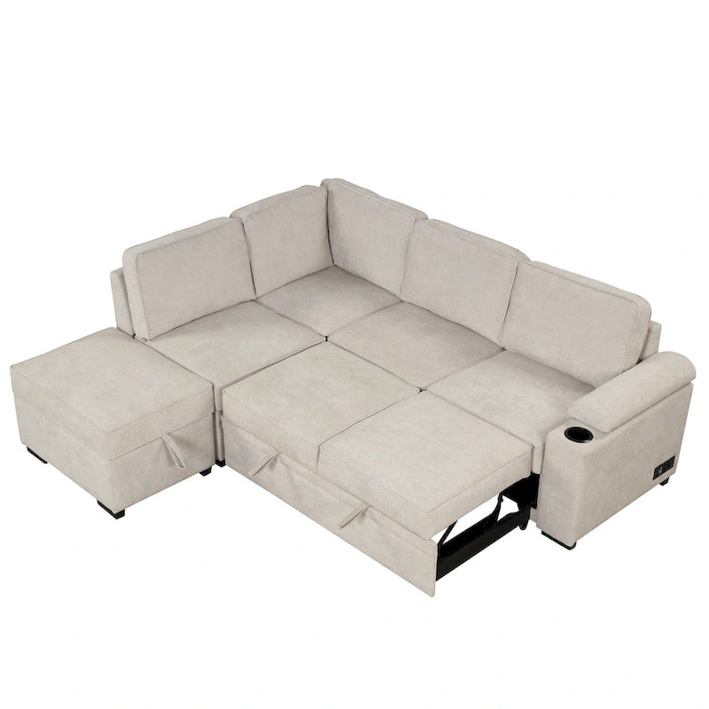 84.75 L-Shaped 5 Seater Sectional Sofa with Storage Ottoman, 2-in-1 Pull-Out Couch for Living Room