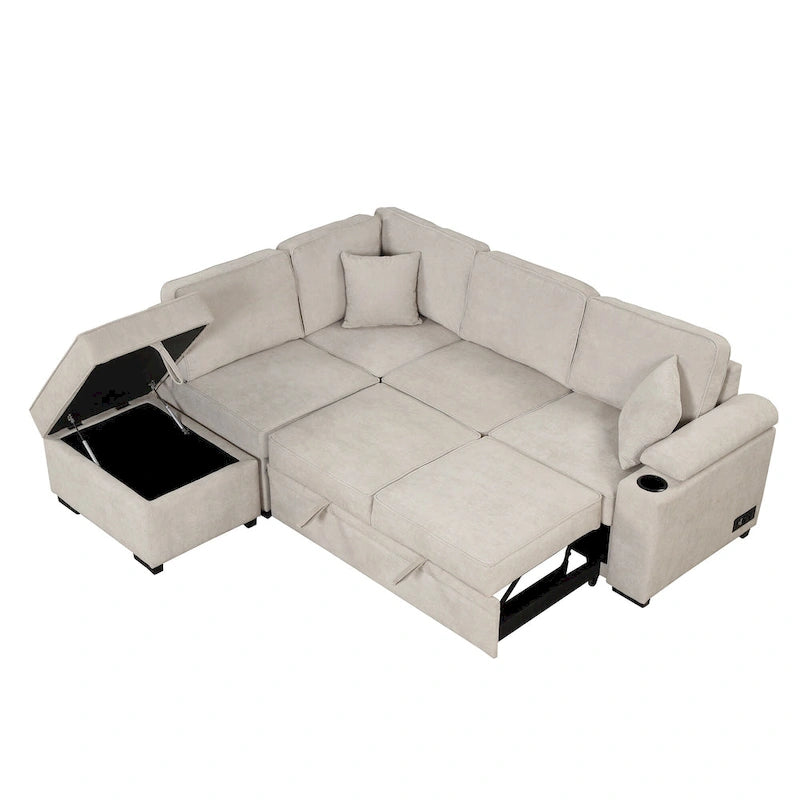 84.75 L-Shaped 5 Seater Sectional Sofa with Storage Ottoman, 2-in-1 Pull-Out Couch for Living Room