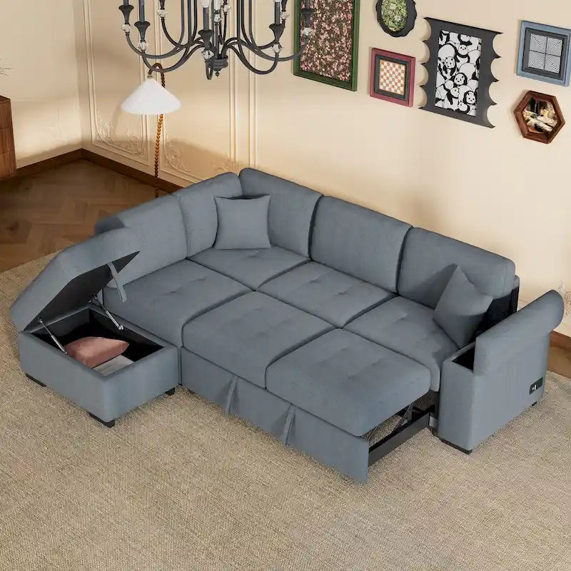 84.75  L-Shape 5 Seat Sectional Sofa with Pull-Out Bed, Storage Ottoman, Hidden Arm Storage & USB Charging