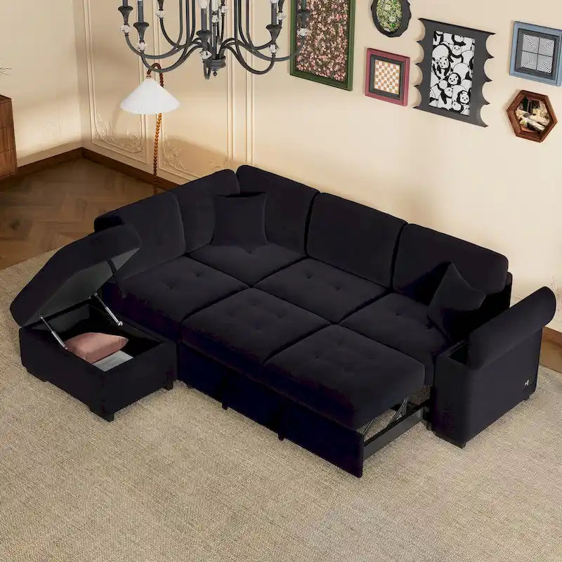 84.75  L-Shape 5 Seat Sectional Sofa with Pull-Out Bed, Storage Ottoman, Hidden Arm Storage & USB Charging