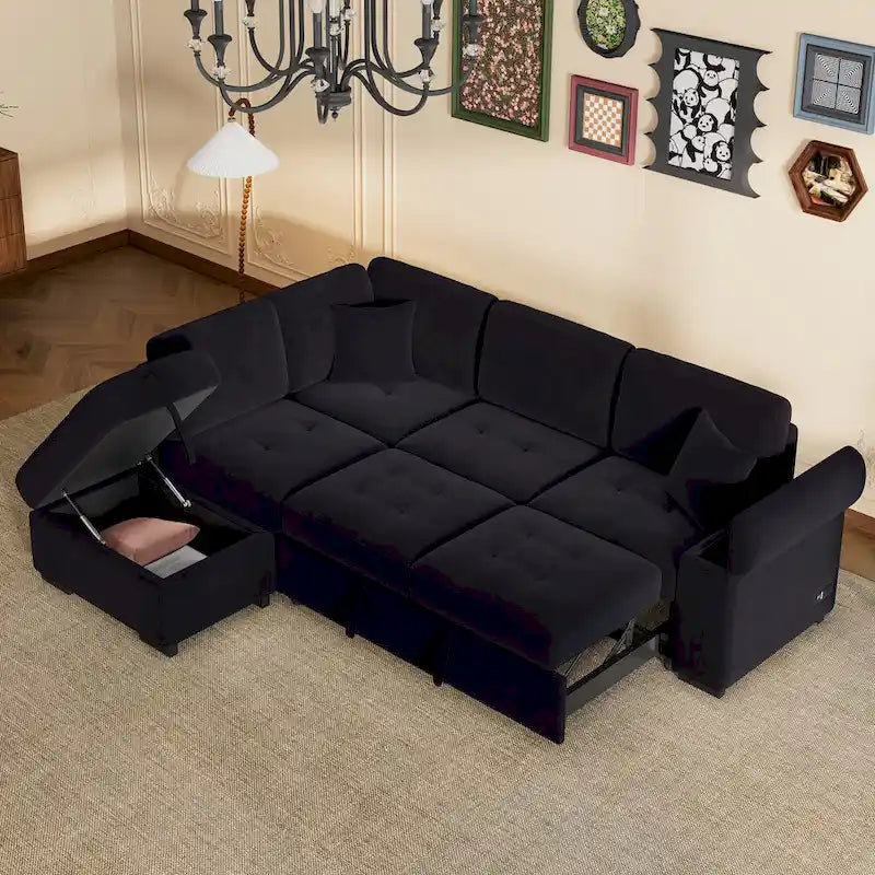 84.75  L-Shape 5 Seat Sectional Sofa with Pull-Out Bed, Storage Ottoman, Hidden Arm Storage & USB Charging