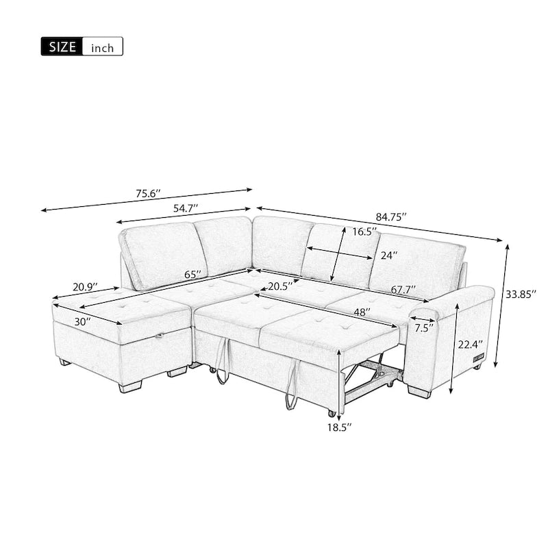 84.75  L-Shape 5 Seat Sectional Sofa with Pull-Out Bed, Storage Ottoman, Hidden Arm Storage & USB Charging