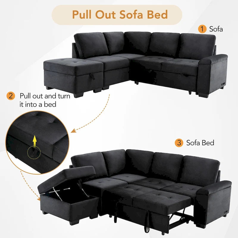 84.75  L-Shape 5 Seat Sectional Sofa with Pull-Out Bed, Storage Ottoman, Hidden Arm Storage & USB Charging
