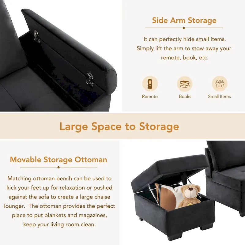84.75  L-Shape 5 Seat Sectional Sofa with Pull-Out Bed, Storage Ottoman, Hidden Arm Storage & USB Charging