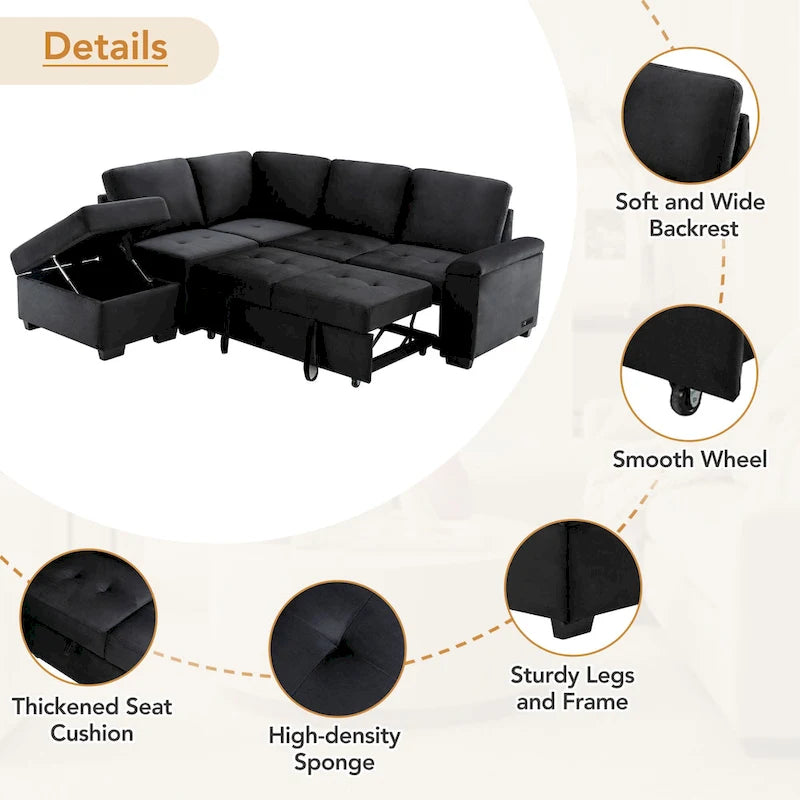 84.75  L-Shape 5 Seat Sectional Sofa with Pull-Out Bed, Storage Ottoman, Hidden Arm Storage & USB Charging