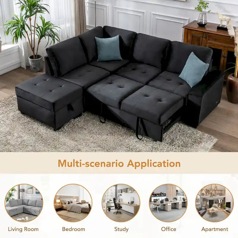84.75  L-Shape 5 Seat Sectional Sofa with Pull-Out Bed, Storage Ottoman, Hidden Arm Storage & USB Charging