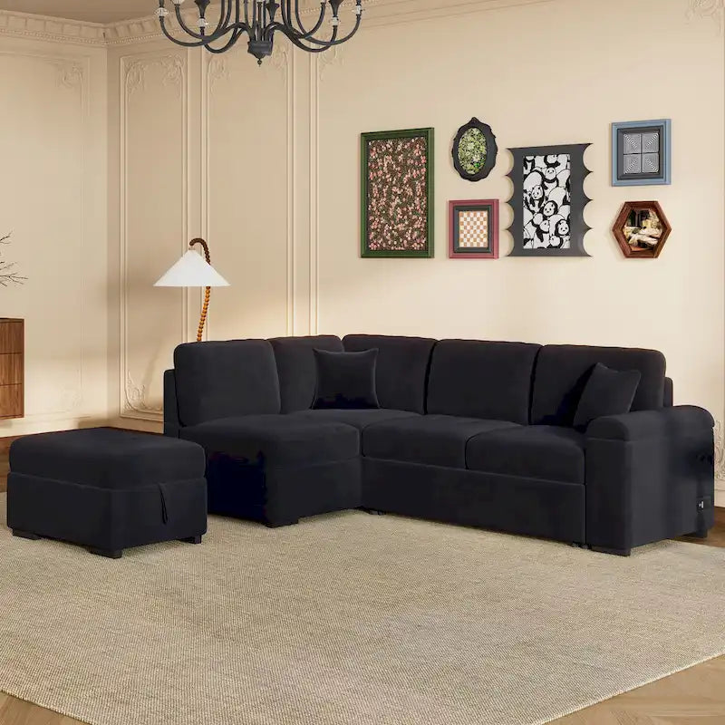 84.75  L-Shape 5 Seat Sectional Sofa with Pull-Out Bed, Storage Ottoman, Hidden Arm Storage & USB Charging
