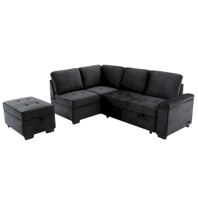 84.75  L-Shape 5 Seat Sectional Sofa with Pull-Out Bed, Storage Ottoman, Hidden Arm Storage & USB Charging