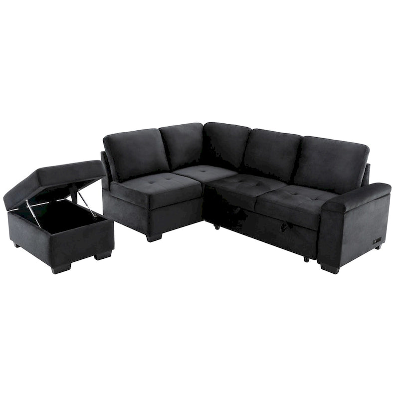84.75  L-Shape 5 Seat Sectional Sofa with Pull-Out Bed, Storage Ottoman, Hidden Arm Storage & USB Charging