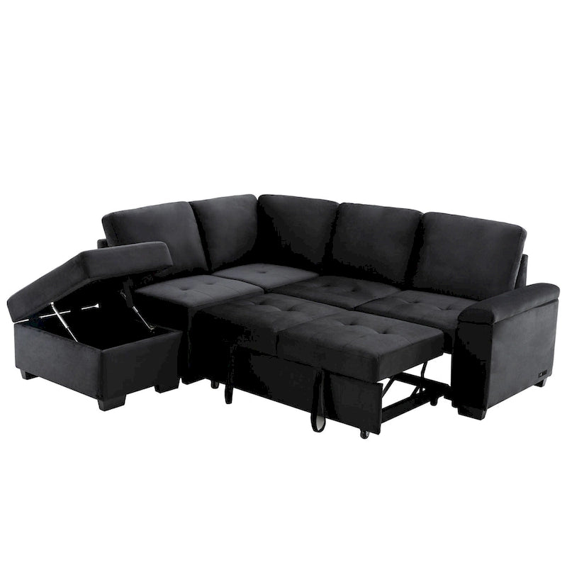 84.75  L-Shape 5 Seat Sectional Sofa with Pull-Out Bed, Storage Ottoman, Hidden Arm Storage & USB Charging