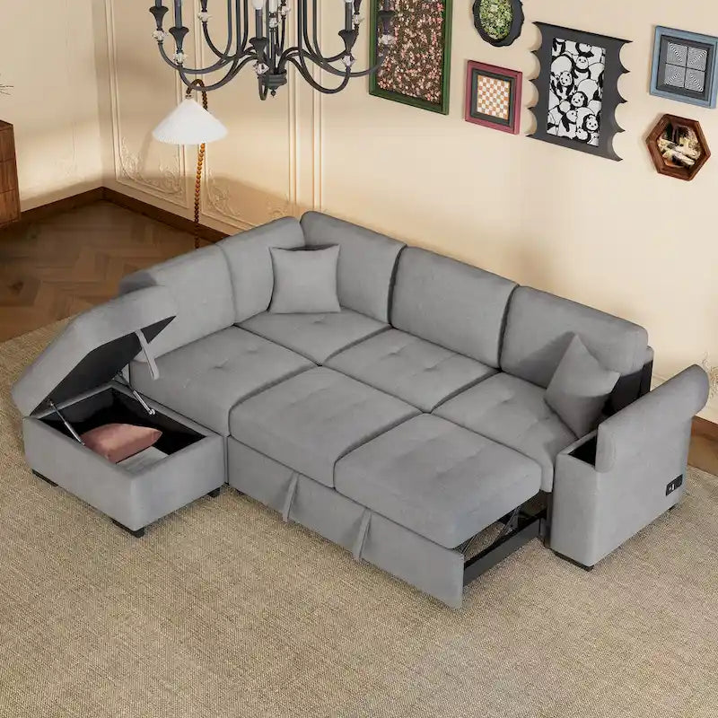 84.75  L-Shape 5 Seat Sectional Sofa with Pull-Out Bed, Storage Ottoman, Hidden Arm Storage & USB Charging