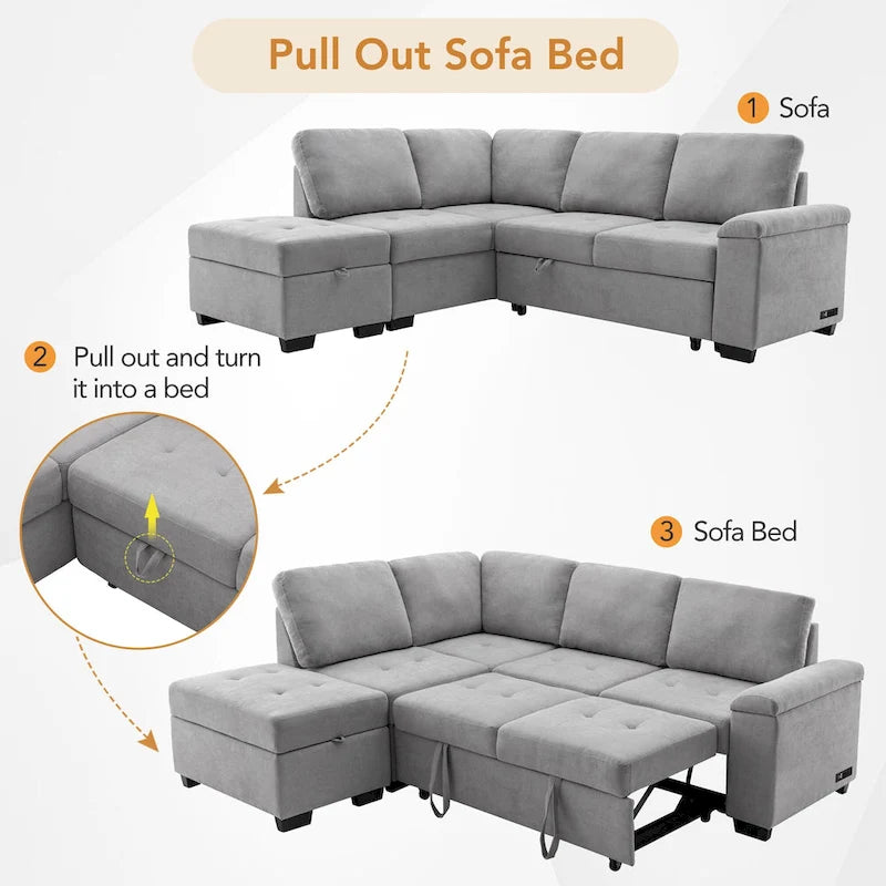 84.75  L-Shape 5 Seat Sectional Sofa with Pull-Out Bed, Storage Ottoman, Hidden Arm Storage & USB Charging