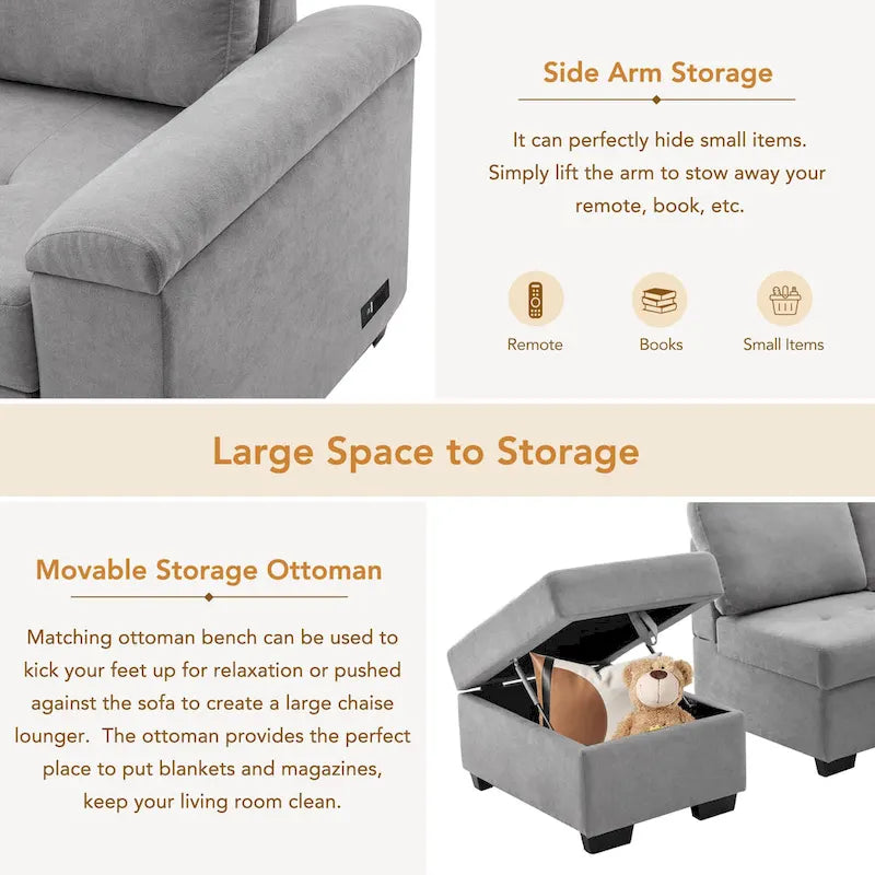 84.75  L-Shape 5 Seat Sectional Sofa with Pull-Out Bed, Storage Ottoman, Hidden Arm Storage & USB Charging