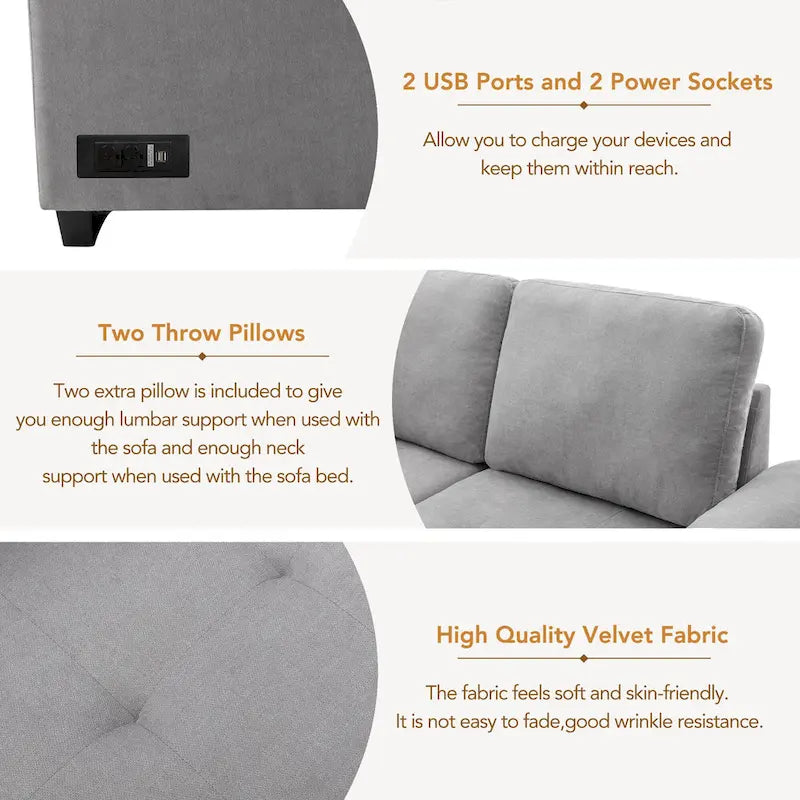 84.75  L-Shape 5 Seat Sectional Sofa with Pull-Out Bed, Storage Ottoman, Hidden Arm Storage & USB Charging