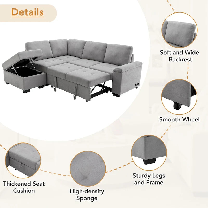 84.75  L-Shape 5 Seat Sectional Sofa with Pull-Out Bed, Storage Ottoman, Hidden Arm Storage & USB Charging