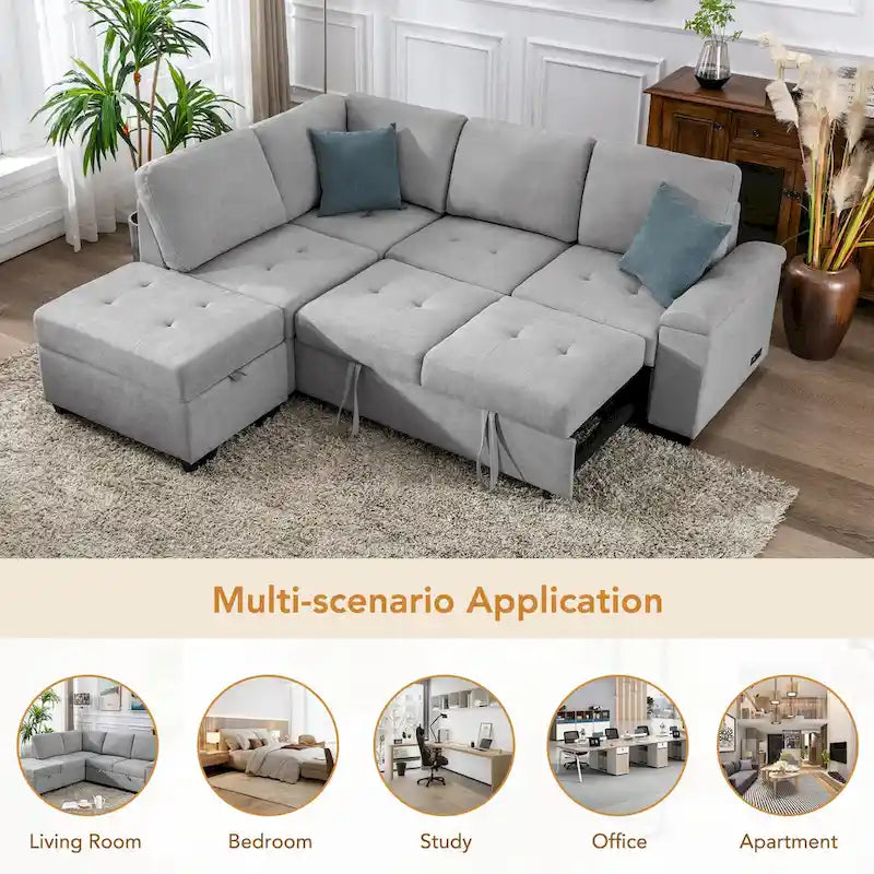 84.75  L-Shape 5 Seat Sectional Sofa with Pull-Out Bed, Storage Ottoman, Hidden Arm Storage & USB Charging