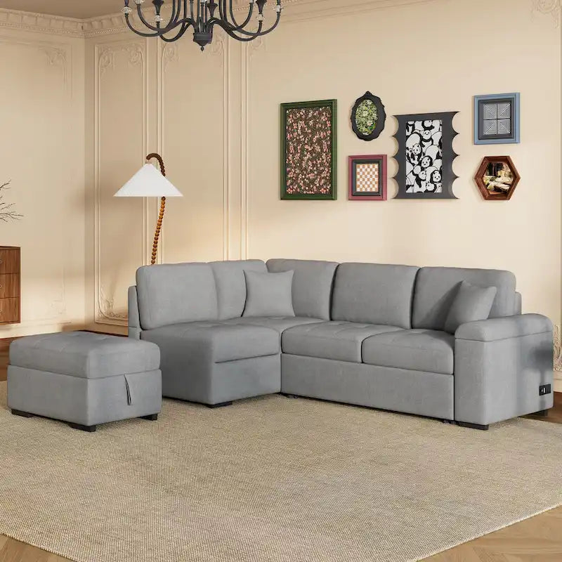84.75  L-Shape 5 Seat Sectional Sofa with Pull-Out Bed, Storage Ottoman, Hidden Arm Storage & USB Charging