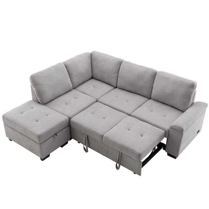 84.75  L-Shape 5 Seat Sectional Sofa with Pull-Out Bed, Storage Ottoman, Hidden Arm Storage & USB Charging