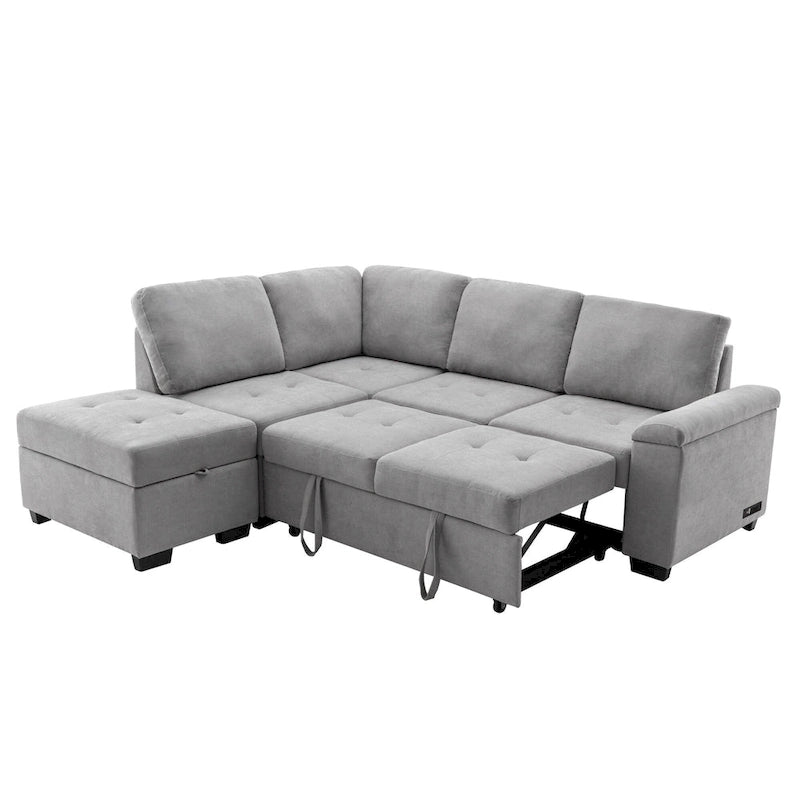 84.75  L-Shape 5 Seat Sectional Sofa with Pull-Out Bed, Storage Ottoman, Hidden Arm Storage & USB Charging