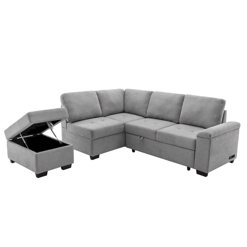 84.75  L-Shape 5 Seat Sectional Sofa with Pull-Out Bed, Storage Ottoman, Hidden Arm Storage & USB Charging