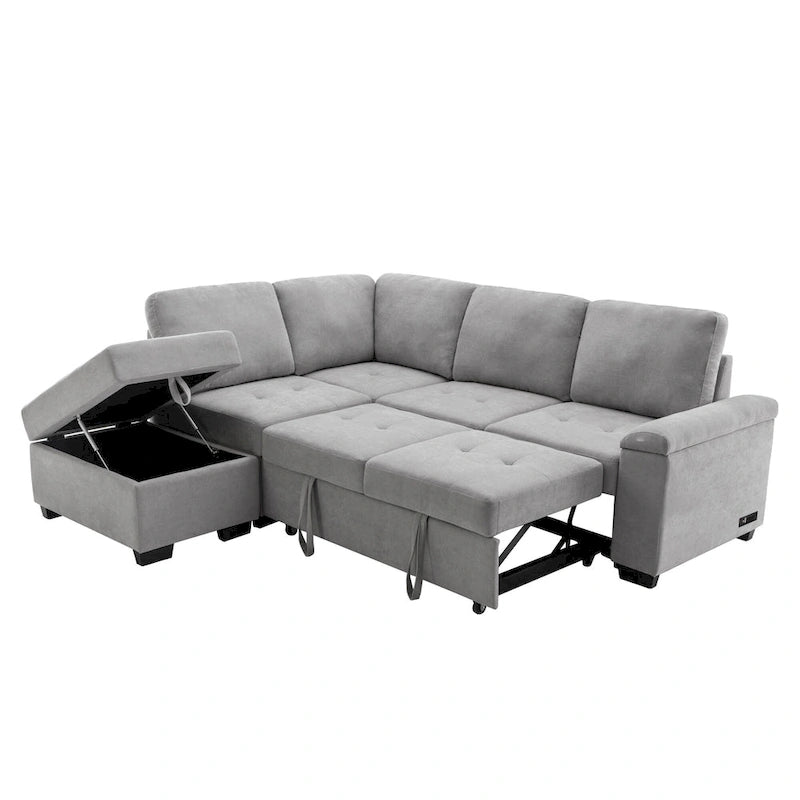 84.75  L-Shape 5 Seat Sectional Sofa with Pull-Out Bed, Storage Ottoman, Hidden Arm Storage & USB Charging