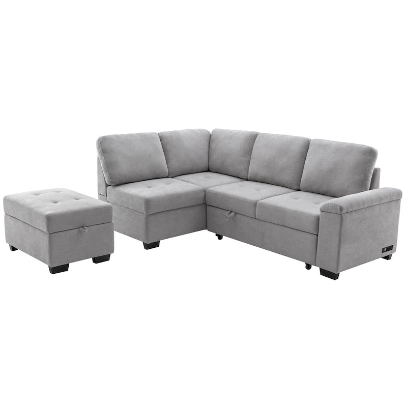 84.75  L-Shape 5 Seat Sectional Sofa with Pull-Out Bed, Storage Ottoman, Hidden Arm Storage & USB Charging