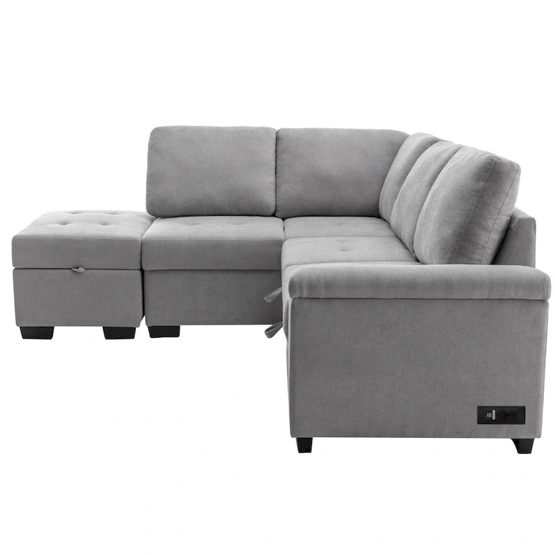 84.75  L-Shape 5 Seat Sectional Sofa with Pull-Out Bed, Storage Ottoman, Hidden Arm Storage & USB Charging
