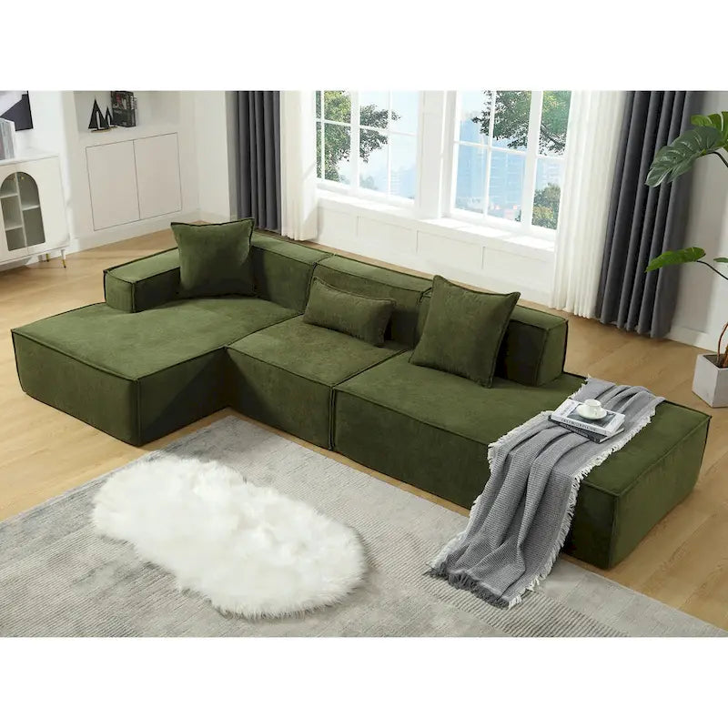 Green 129.5  Minimalist Modular L-Shaped 4 Seater Sectional Sofa Set with Chaise, Versatile Free-Combination Design