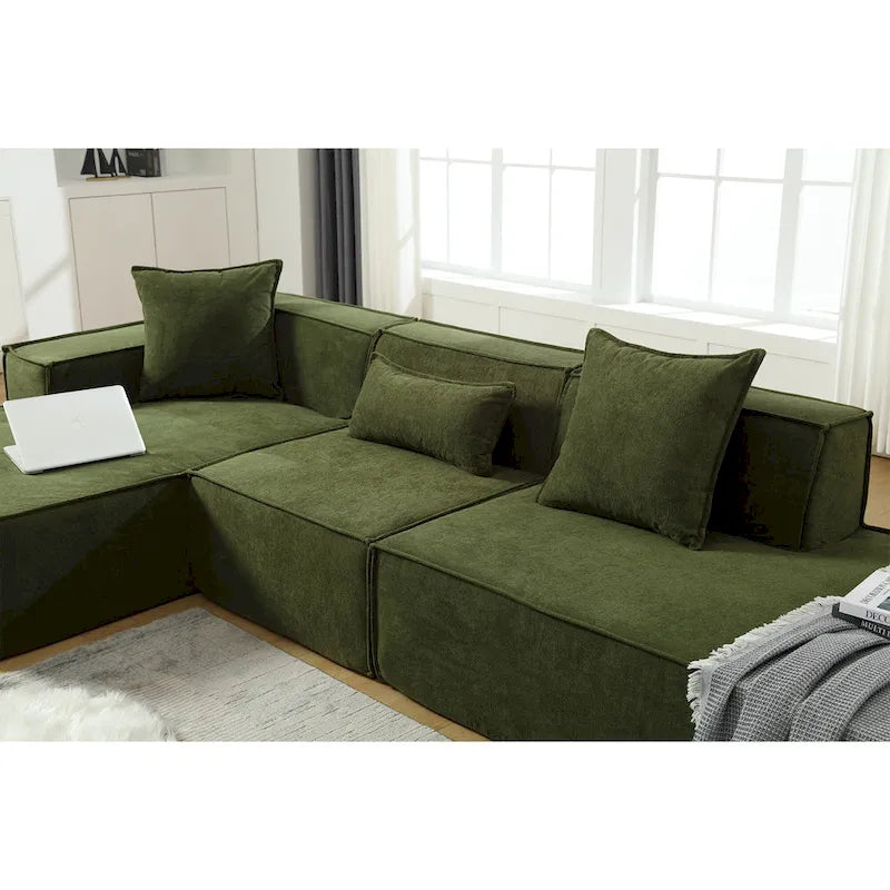 Green 129.5  Minimalist Modular L-Shaped 4 Seater Sectional Sofa Set with Chaise, Versatile Free-Combination Design