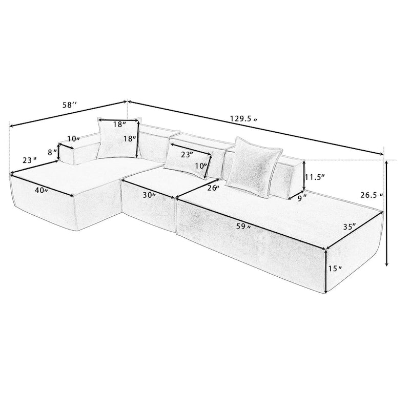 Green 129.5  Minimalist Modular L-Shaped 4 Seater Sectional Sofa Set with Chaise, Versatile Free-Combination Design