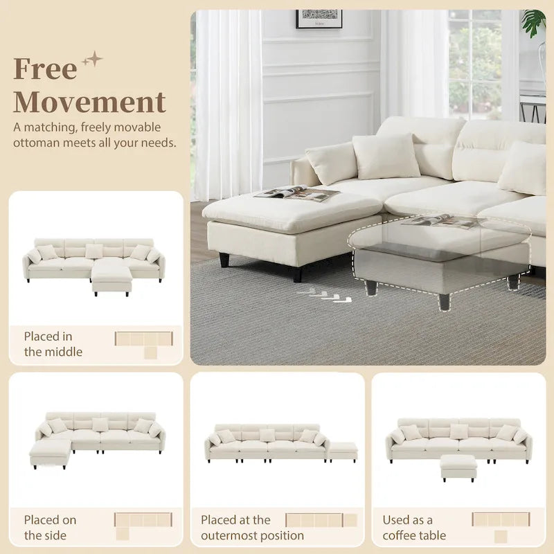 110  Modern L-Shaped Convertible 5-Seat Sectional Sofa with Removable Ottoman and 5 Cushions, Plush Chenille Fabric