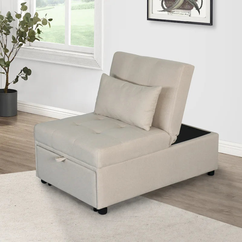 Beige Single Folding Ottoman Sofa Bed with Adjustable Back