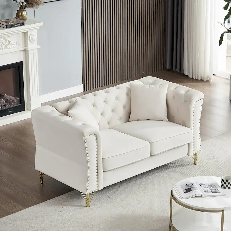 Beige 60.2  Velvet 2 Seater Sofa Couch with Metal Feet, 2 Pillows, Nailhead Trim, Solid Wood Frame and Foam Padding