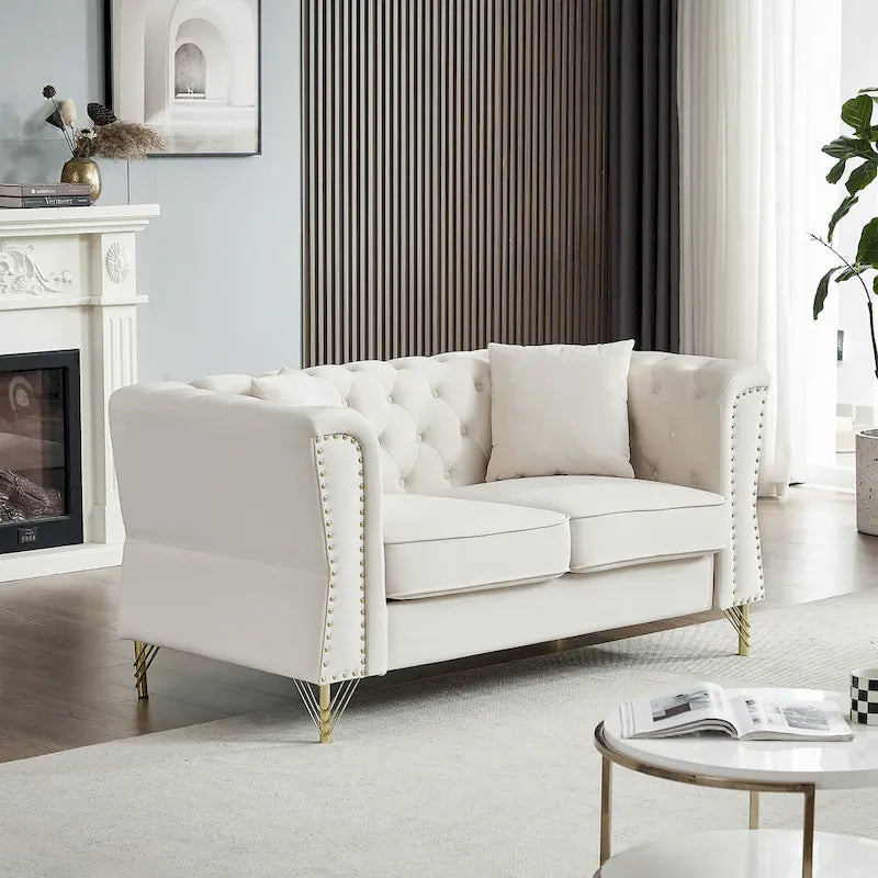 Beige 60.2  Velvet 2 Seater Sofa Couch with Metal Feet, 2 Pillows, Nailhead Trim, Solid Wood Frame and Foam Padding