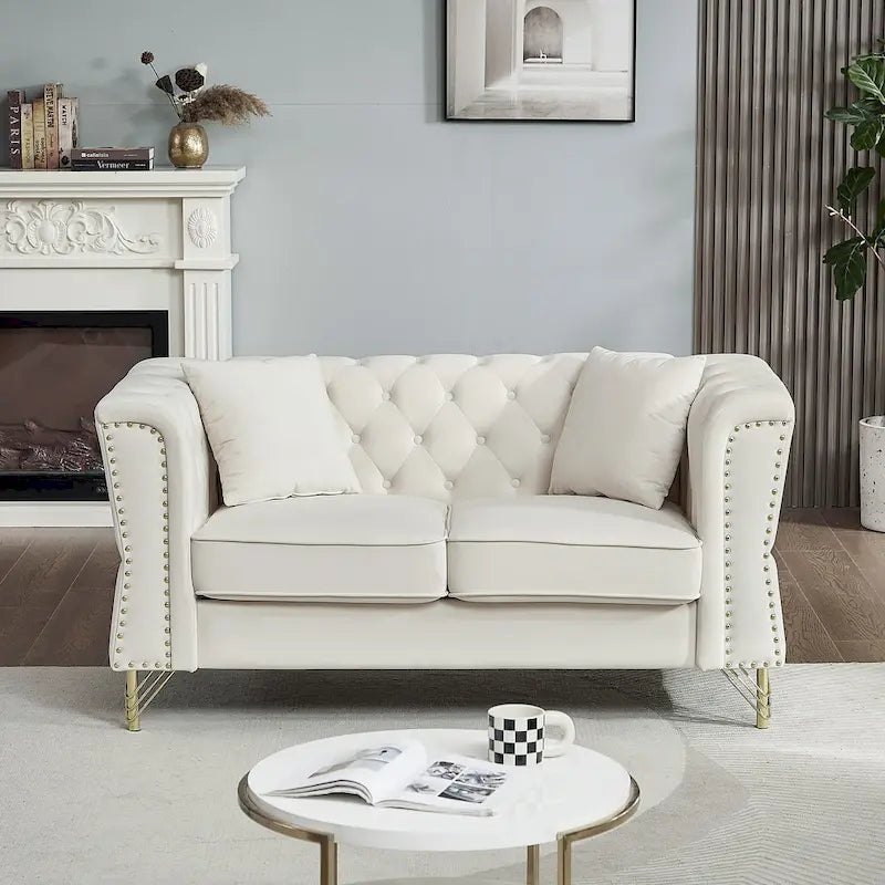 Beige 60.2  Velvet 2 Seater Sofa Couch with Metal Feet, 2 Pillows, Nailhead Trim, Solid Wood Frame and Foam Padding