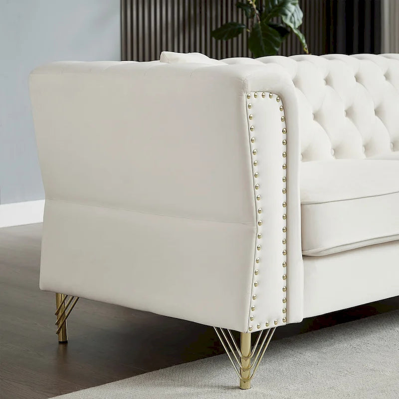 Beige 60.2  Velvet 2 Seater Sofa Couch with Metal Feet, 2 Pillows, Nailhead Trim, Solid Wood Frame and Foam Padding