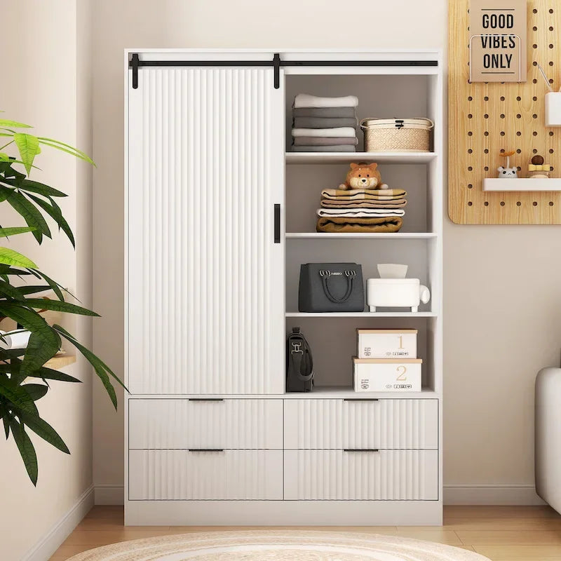 47.24  Modern Armoire with with Hanging Rod, Drawers and Open Shelves for Bedroom
