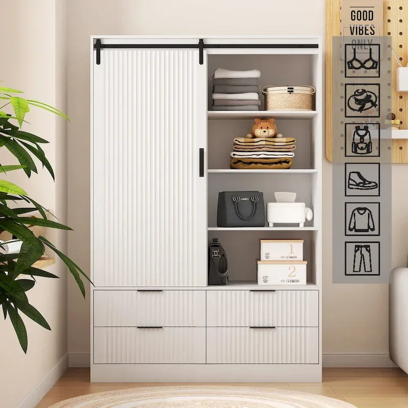 47.24  Modern Armoire with with Hanging Rod, Drawers and Open Shelves for Bedroom