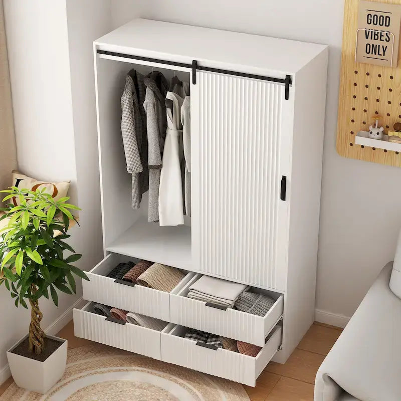 47.24  Modern Armoire with with Hanging Rod, Drawers and Open Shelves for Bedroom