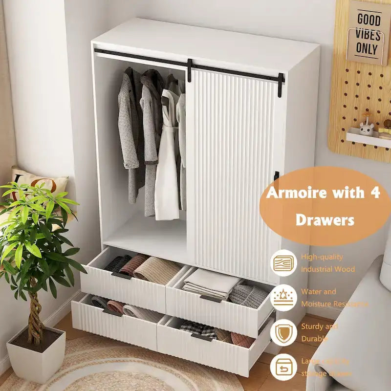 47.24  Modern Armoire with with Hanging Rod, Drawers and Open Shelves for Bedroom
