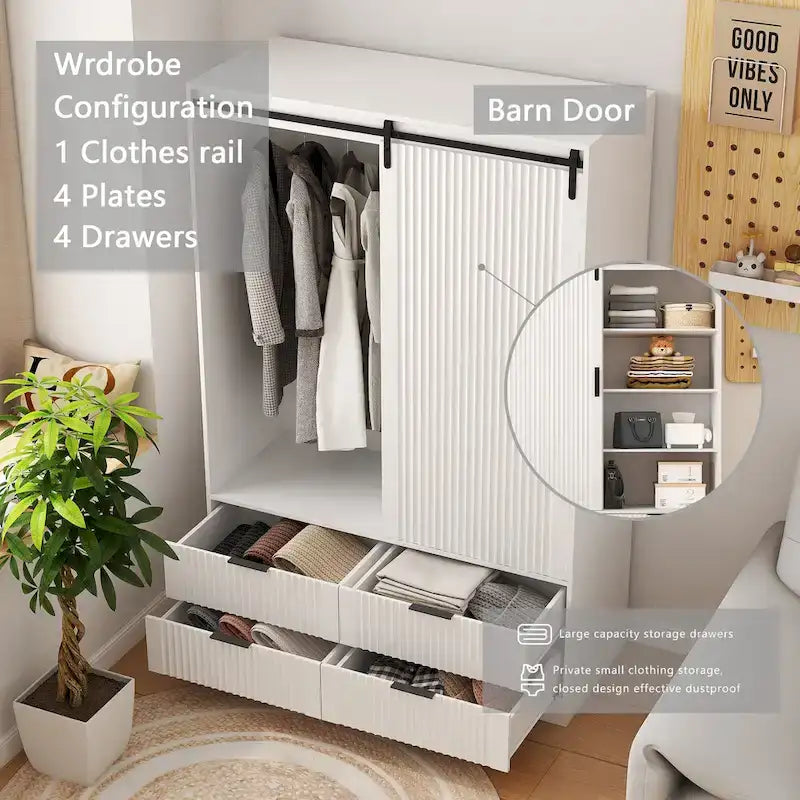 47.24  Modern Armoire with with Hanging Rod, Drawers and Open Shelves for Bedroom