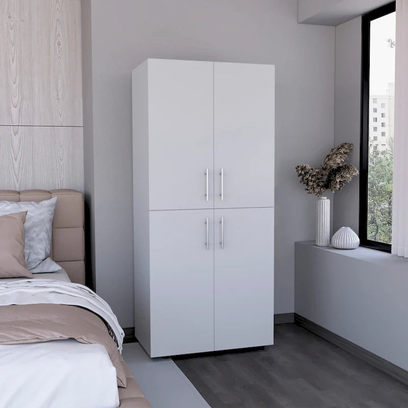 31.5  Modern Four-door Armoire with Six Shelves and Two Hanging Rods for Bedroom